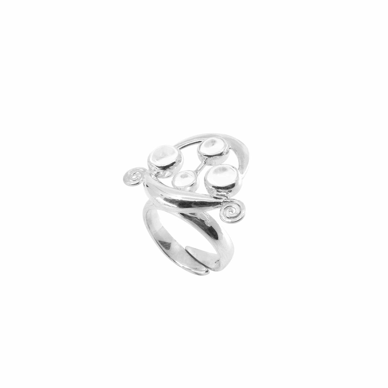 The Magic Path Ring by Kaora Sandara Jewelry features a Sterling Silver 925 open-work design with swirling curves, three raised crystal gemstone accents, and is shown on a plain white background.