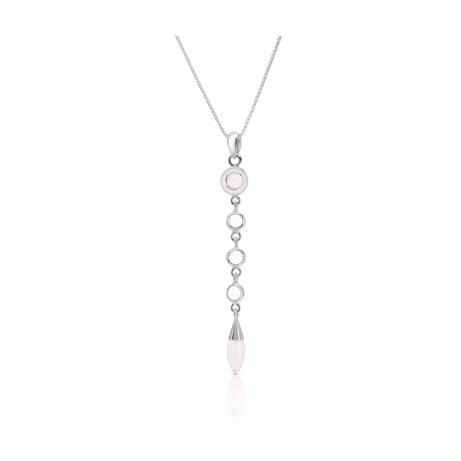 The Connection with Guides Pendant by Kaora Sandara Jewelry is a sterling silver necklace featuring crystal and rose quartz accents—an elegant piece that symbolizes spiritual evolution.