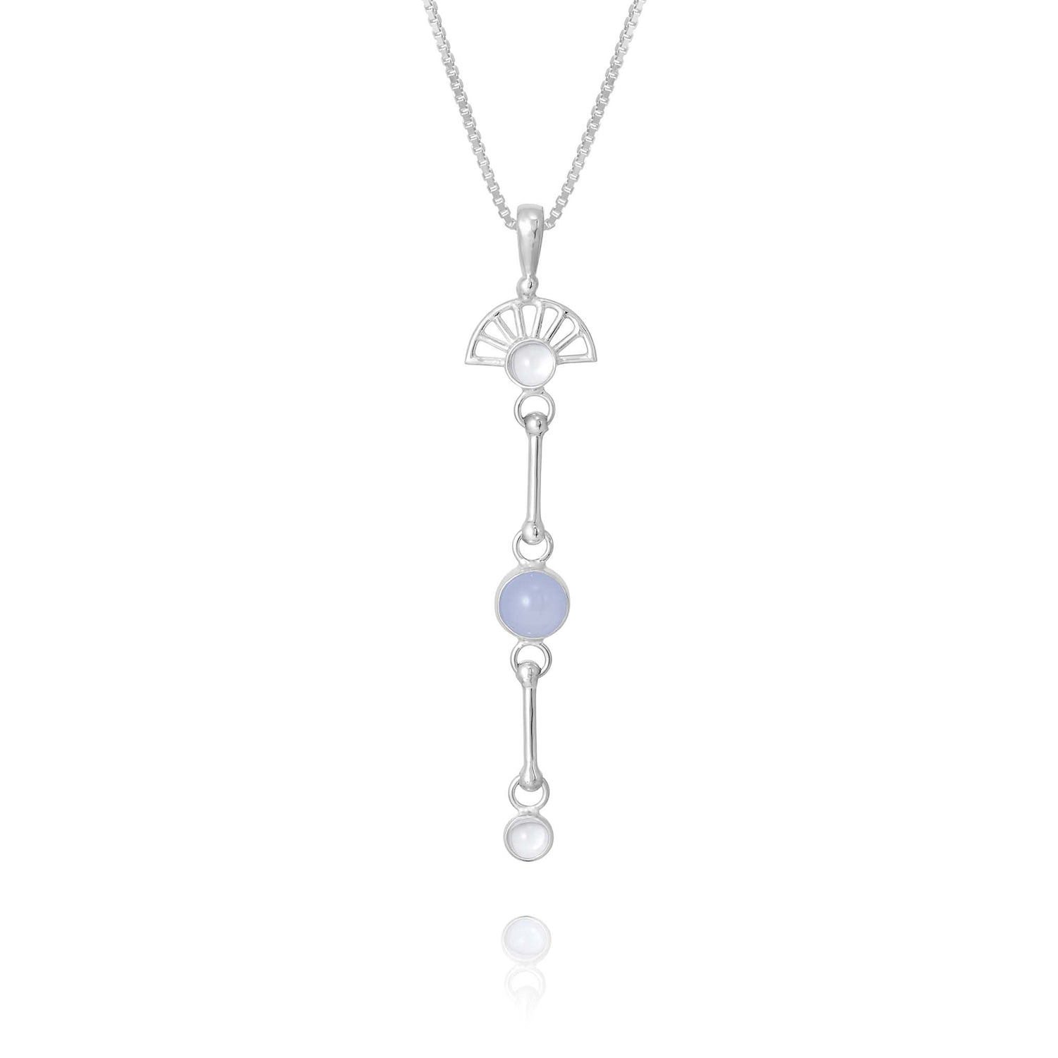 The Peace of Mind Pendant by Kaora Sandara Jewelry features a sterling silver geometric fan-shaped design with three vertically aligned crystals and delicate connecting bars, accented with chalcedony for a modern touch.