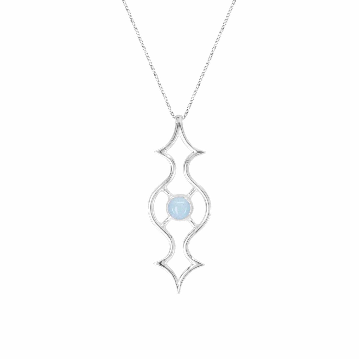 The Quantum Shift NEW Pendant by Kaora Sandara Jewelry is a sterling silver necklace with an ornate symmetrical design and a central light blue oval chalcedony, hanging from a delicate chain. Size S.