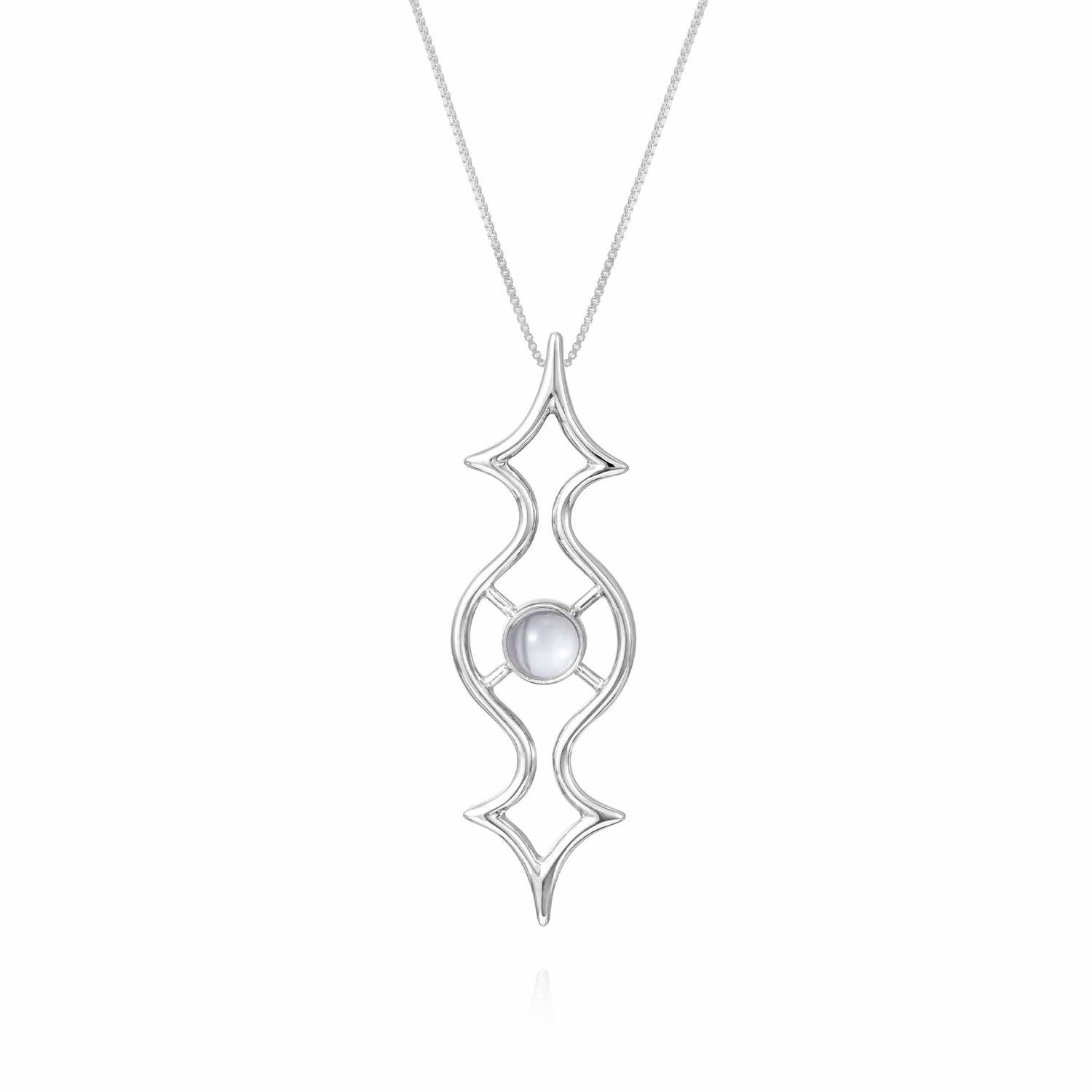 The Quantum Shift NEW Pendant by Kaora Sandara Jewelry is a sterling silver necklace (Size S) with geometric openwork and a central oval white crystal, displayed on a fine silver chain against a white background.