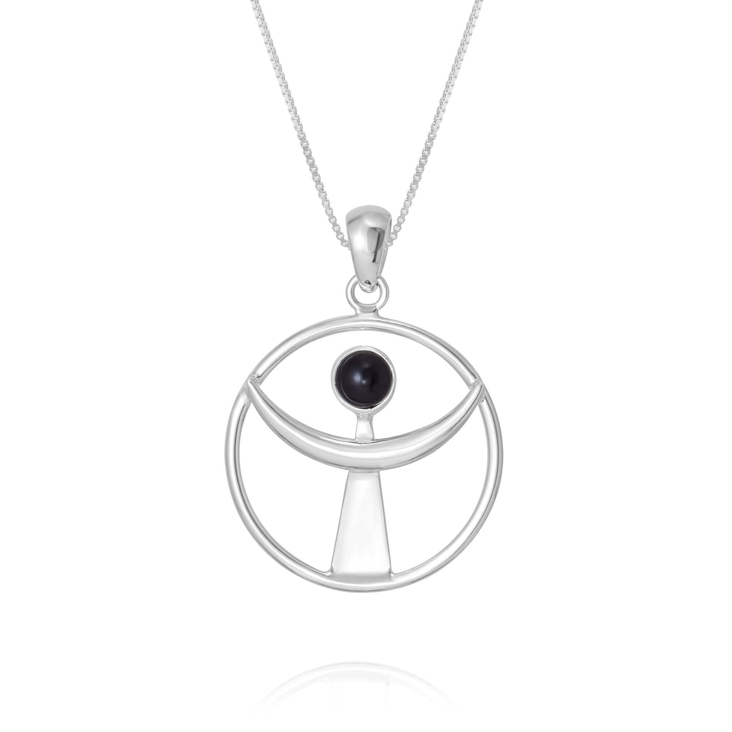 The "Releasing From the Deepest Fears Pendant - Sterling Silver with Black Agate, Size L" by Kaora Sandara Jewelry features a circular design with a top-center Black Agate, curved silver crescent, and a triangular accent.