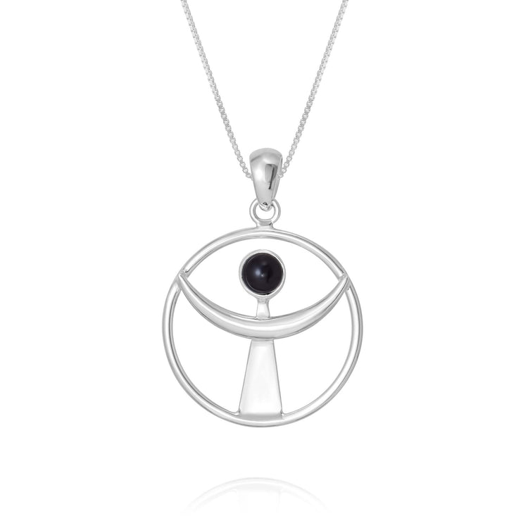 The "Releasing From the Deepest Fears Pendant - Sterling Silver with Black Agate, Size L" by Kaora Sandara Jewelry features a circular design with a top-center Black Agate, curved silver crescent, and a triangular accent.