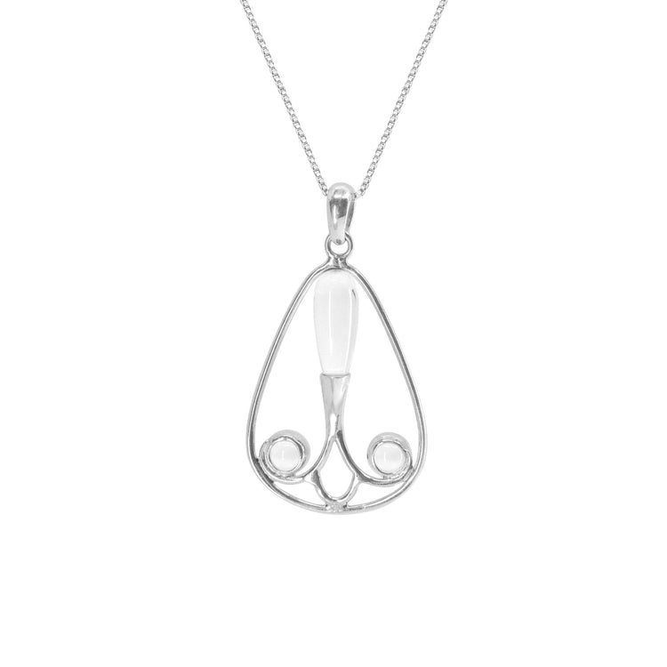 The Kaora Sandara Jewelry Self-Worth Pendant features a sterling silver teardrop frame with swirls and a central white crystal, suspended from a delicate chain.