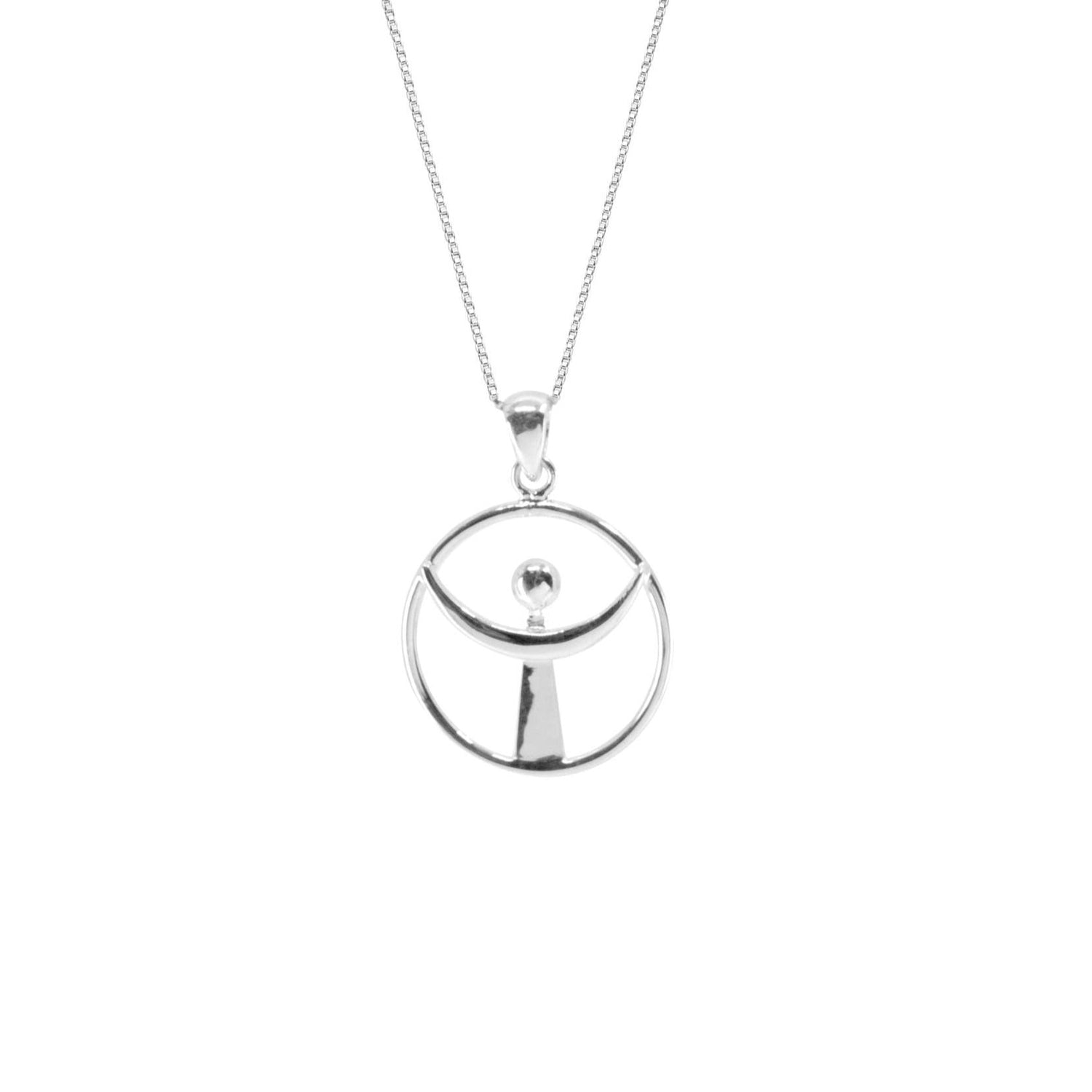 The Releasing From the Deepest Fears Pendant by Kaora Sandara Jewelry is a Sterling Silver 925 necklace, size S, featuring a circular pendant with an abstract angelic design on a plain white background.