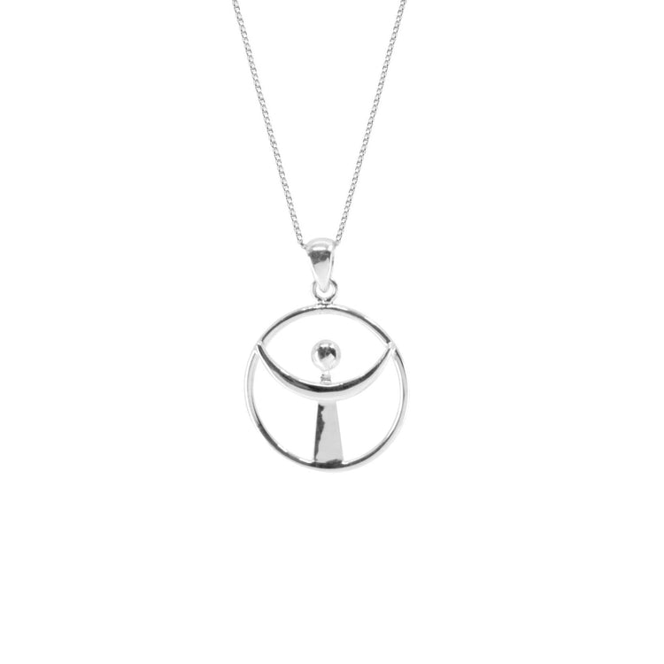 The Releasing From the Deepest Fears Pendant by Kaora Sandara Jewelry is a Sterling Silver 925 necklace, size S, featuring a circular pendant with an abstract angelic design on a plain white background.