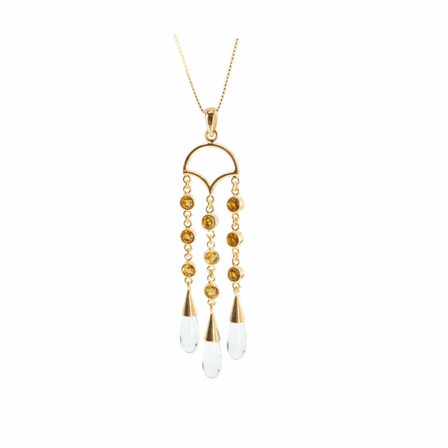 Kaora Sandara Jewelry's Abundance Flow Pendant features sterling silver and gold plating with crystal and citrine accents in a semicircle design, symbolizing abundance, hanging from a delicate chain.