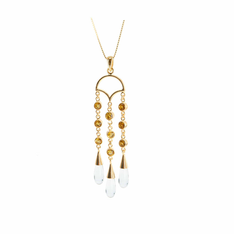 Kaora Sandara Jewelry's Abundance Flow Pendant features sterling silver and gold plating with crystal and citrine accents in a semicircle design, symbolizing abundance, hanging from a delicate chain.