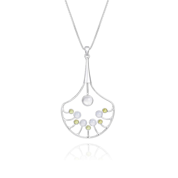 The Body Relaxation Pendant by Kaora Sandara Jewelry is crafted in sterling silver with a fan-shaped open wire design, featuring crystal, chalcedony, and peridot gems on a fine chain.