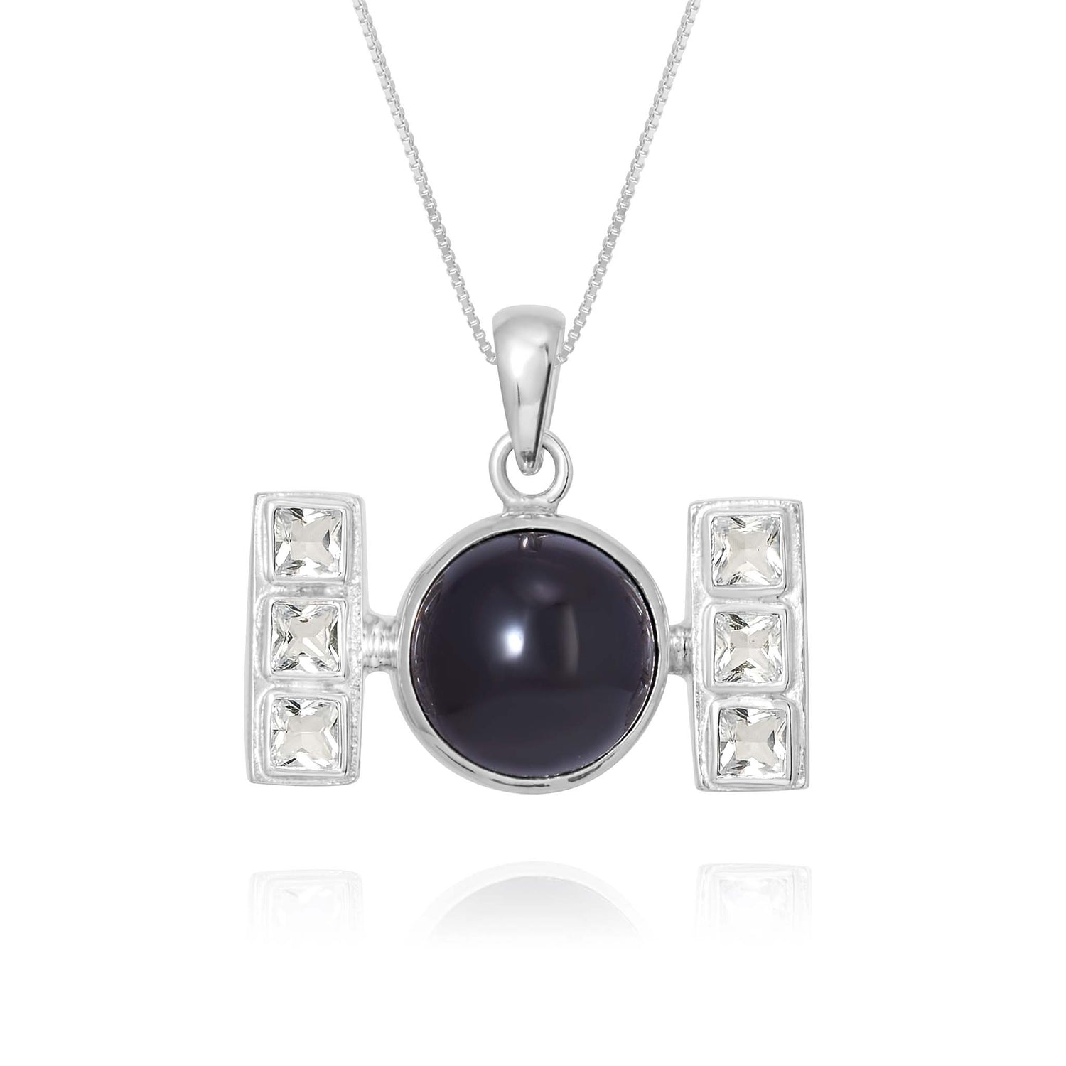 The Health Formula Pendant by Kaora Sandara Jewelry features sterling silver, a central round black agate, and two silver bars with three square crystals each, all on a fine chain and shown against a white background.