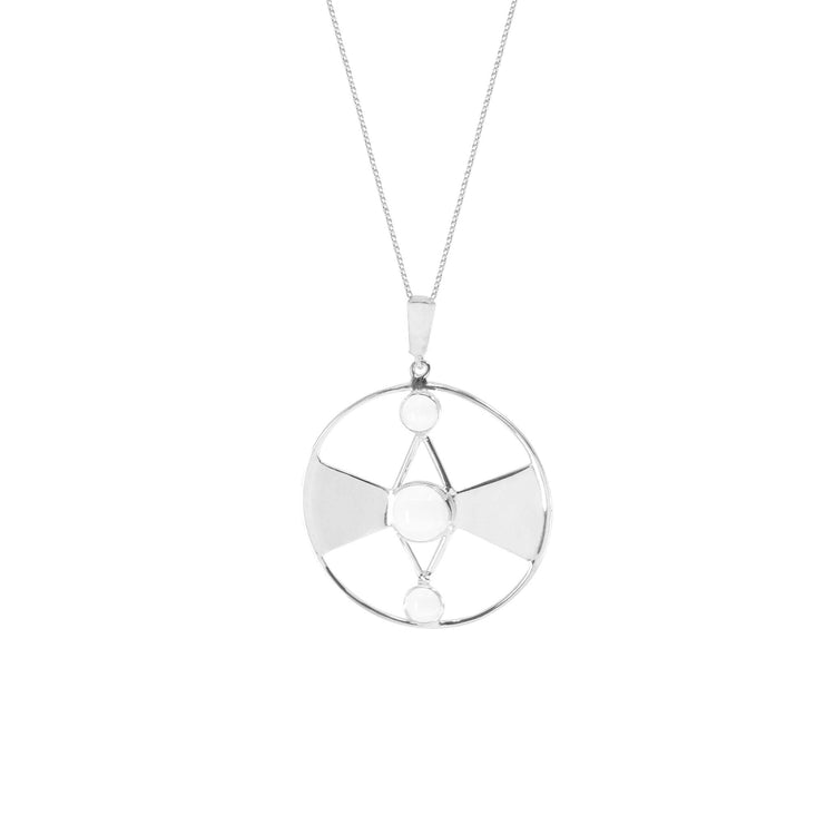 The Kaora Sandara Jewelry Honesty Pendant features a Sterling Silver 925 geometric design with a pentagon shape and three crystal gemstones, set on a delicate chain.
