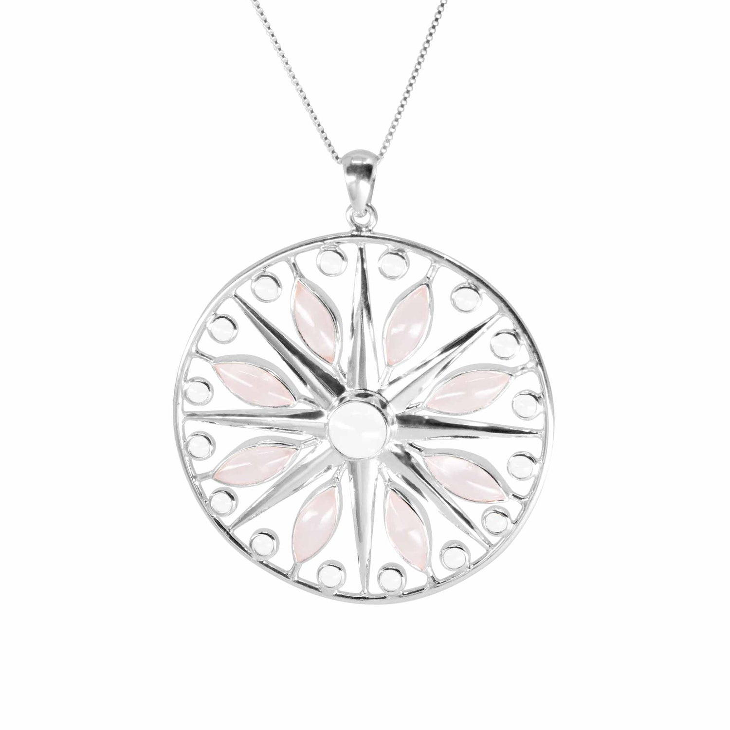 The Life as Art Pendant by Kaora Sandara Jewelry features sterling silver, crystal, and rose quartz in a floral design on a fine silver chain—a perfect way to celebrate life as art.