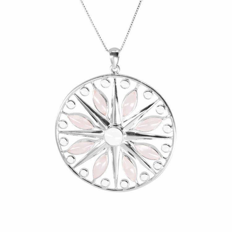 The Life as Art Pendant by Kaora Sandara Jewelry features sterling silver, crystal, and rose quartz in a floral design on a fine silver chain—a perfect way to celebrate life as art.