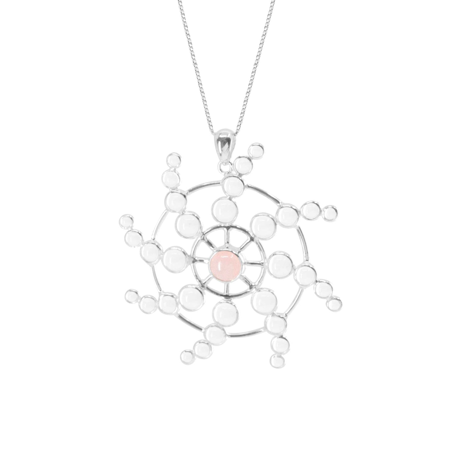 The Perfection of Life Pendant by Kaora Sandara Jewelry features sterling silver shaped in a geometric starburst, with a central Rose Quartz and crystals—a radiant symbol of life's perfection.