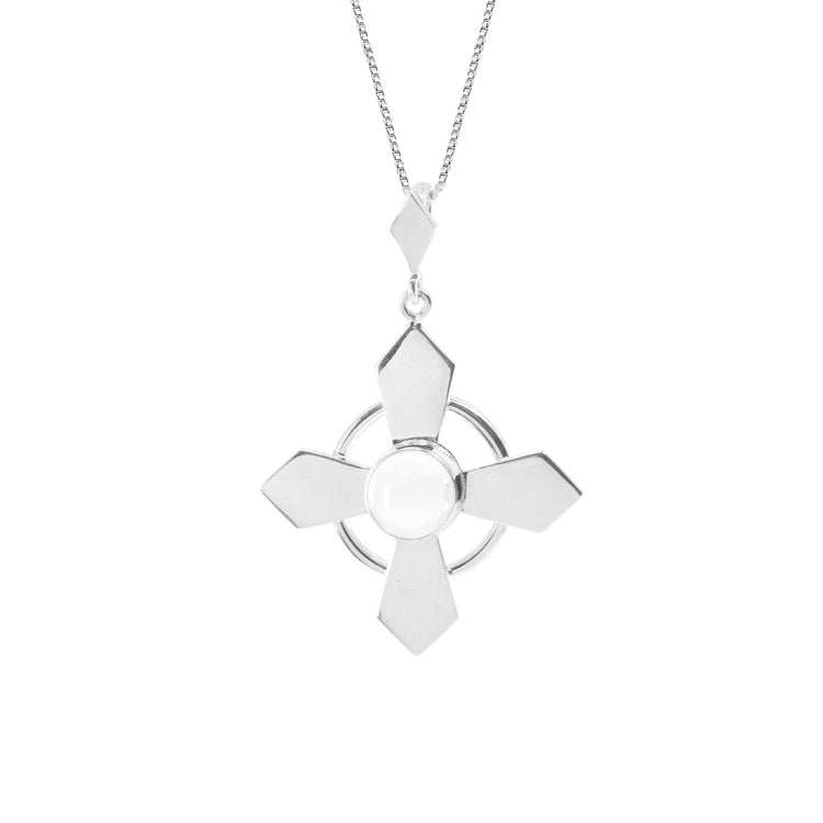 The Power's Activation Pendant from Kaora Sandara Jewelry features a sterling silver geometric flower design with four pointed petals and a circular white crystal center, displayed on a thin chain.