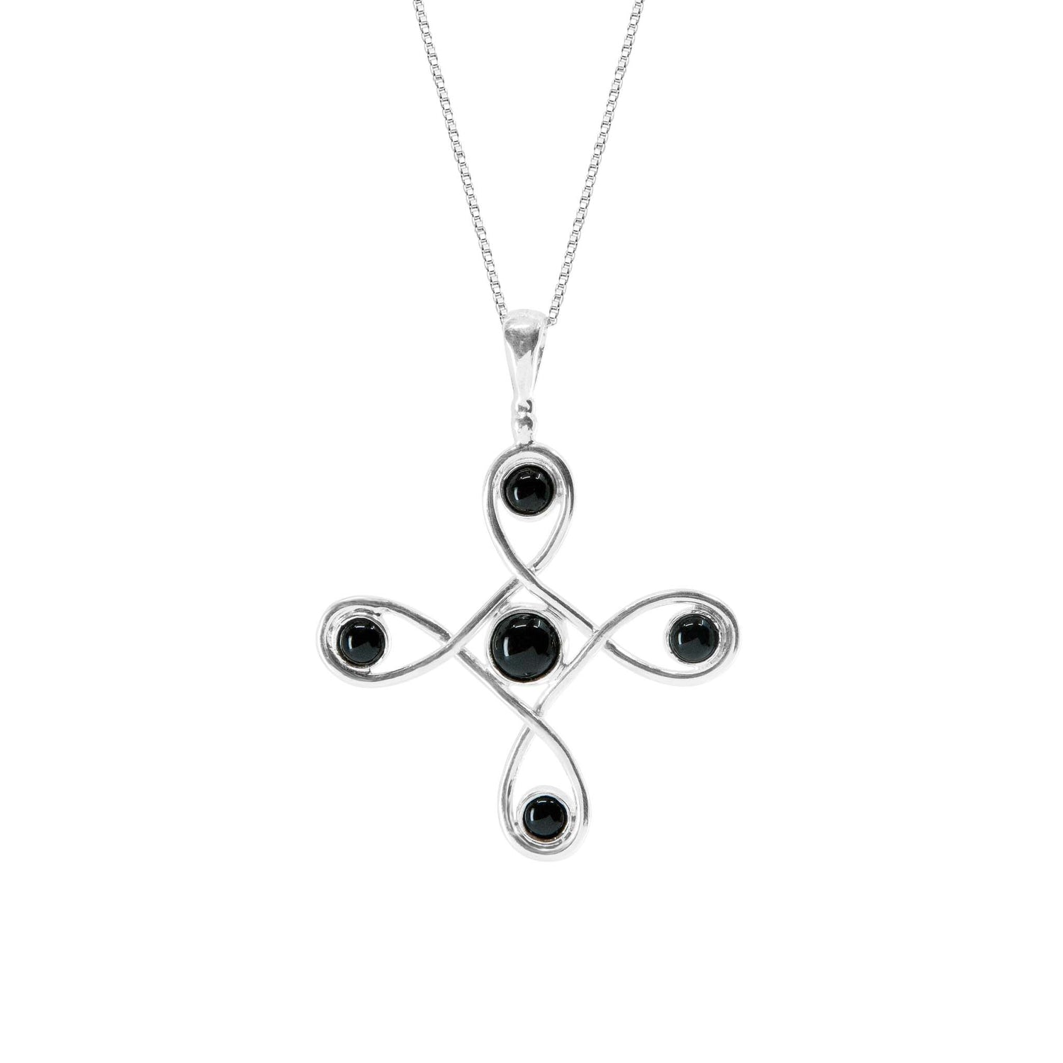 The Programs Clearing Pendant by Kaora Sandara Jewelry is a Sterling Silver 925 necklace with a looping, symmetrical cross design adorned with five black agate gemstones at each curve and endpoint.