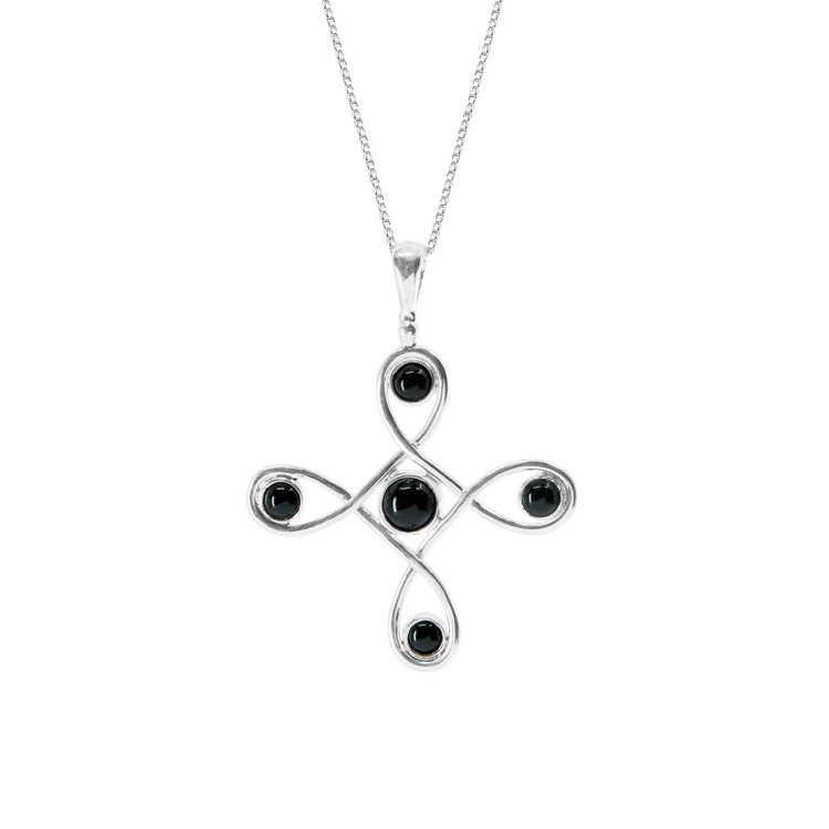 The Programs Clearing Pendant by Kaora Sandara Jewelry is a Sterling Silver 925 necklace with a looping, symmetrical cross design adorned with five black agate gemstones at each curve and endpoint.