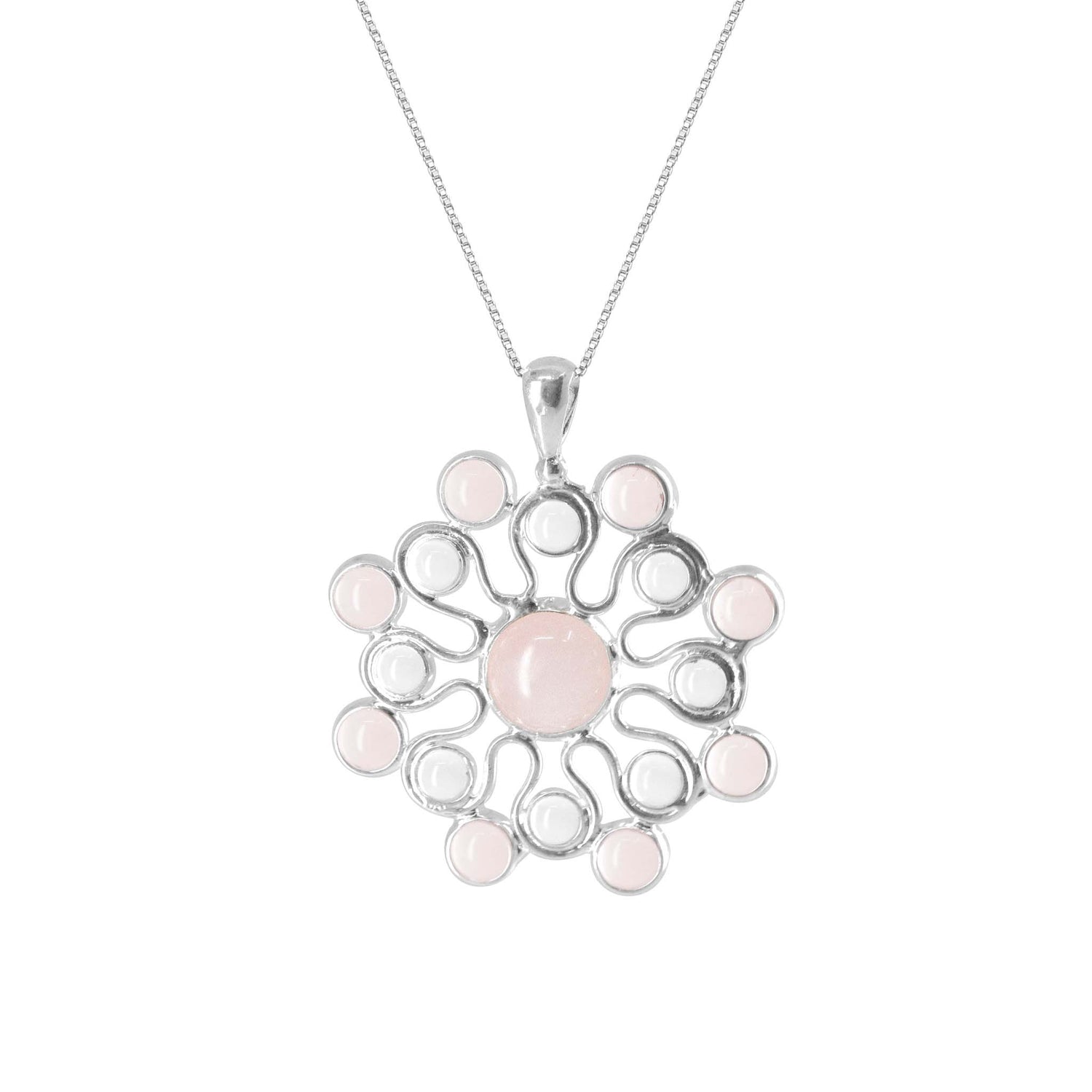 The Source of Love Pendant by Kaora Sandara Jewelry features a sterling silver setting with a central rose quartz, twelve matching stones, and crystal accents in an elegant circular design.