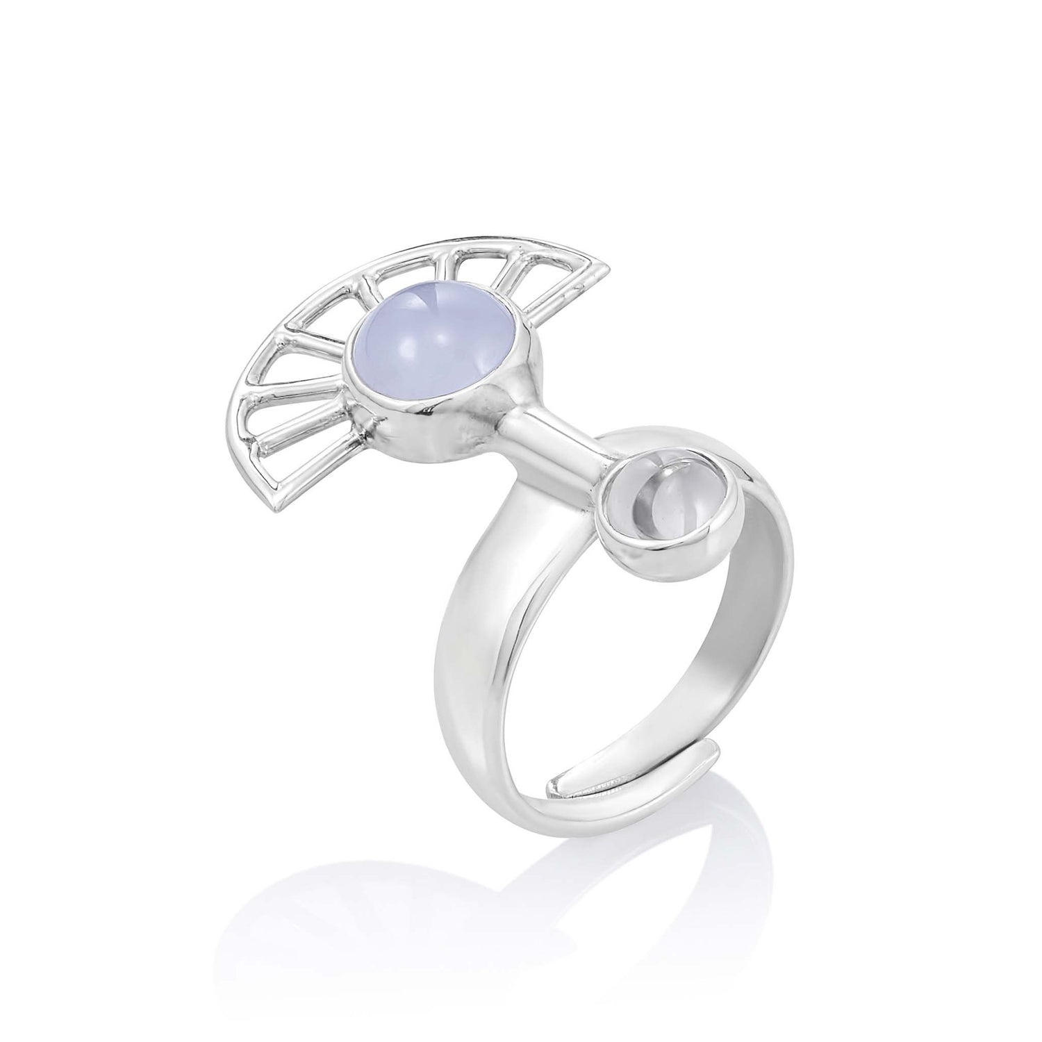 The Peace of Mind Ring by Kaora Sandara Jewelry features a modern fan-shaped sterling silver band with a central round lavender chalcedony crystal and a smaller matching stone for tranquility.
