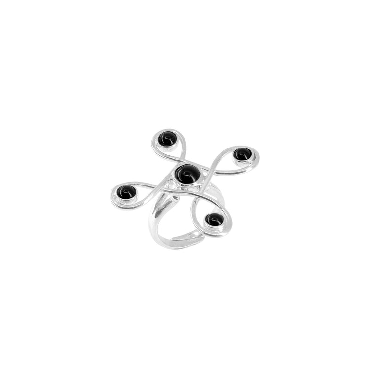 The Kaora Sandara Jewelry Programs Clearing Ring features Sterling Silver 925 with an abstract swirl design, accented by five small round Black Agate stones at each swirl's end, shown against a white background.