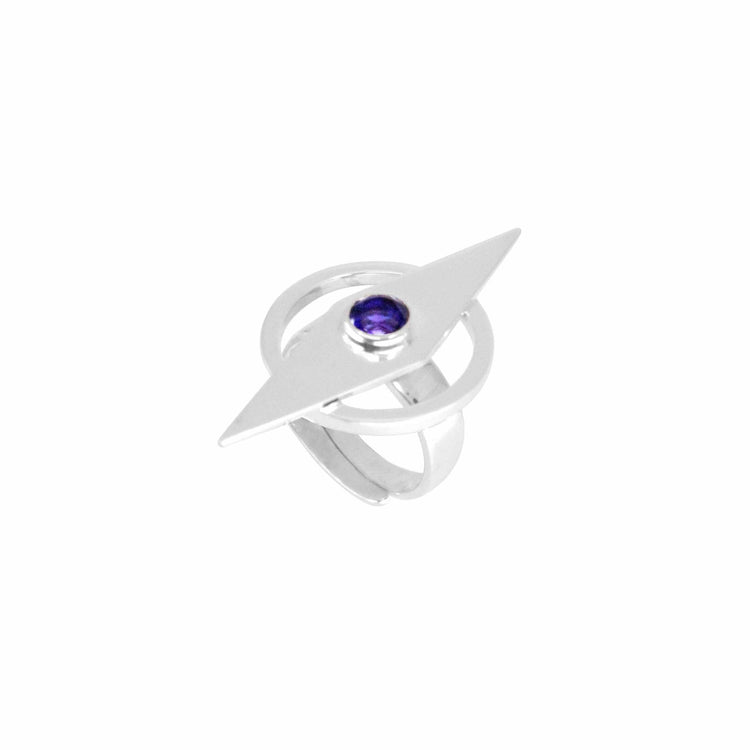 The Intuition Ring by Kaora Sandara Jewelry features an angular sterling silver 925 design with a central circular amethyst gemstone, photographed against a white background.