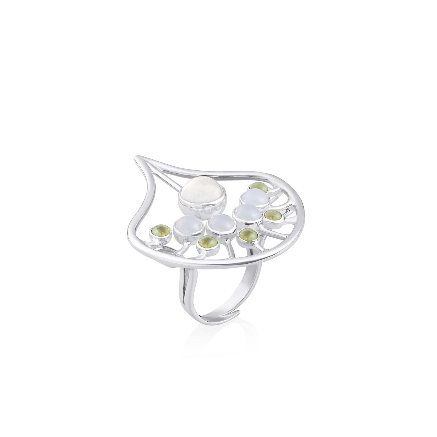 The Body Relaxation Ring by Kaora Sandara Jewelry features sterling silver with a crystal center, accented by chalcedony and peridot stones in an openwork leaf design that evokes energy flow.