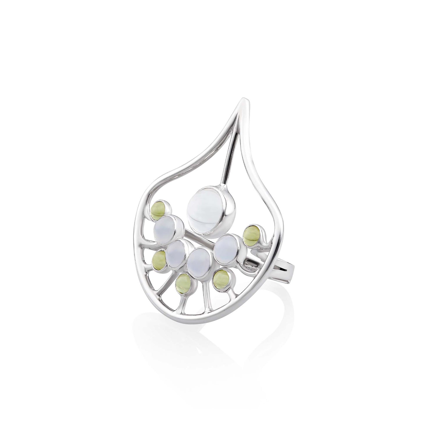 The Body Relaxation Ring by Kaora Sandara Jewelry is a sterling silver piece featuring crystal, chalcedony, and peridot in an open artistic leaf design to promote positive energy flow.