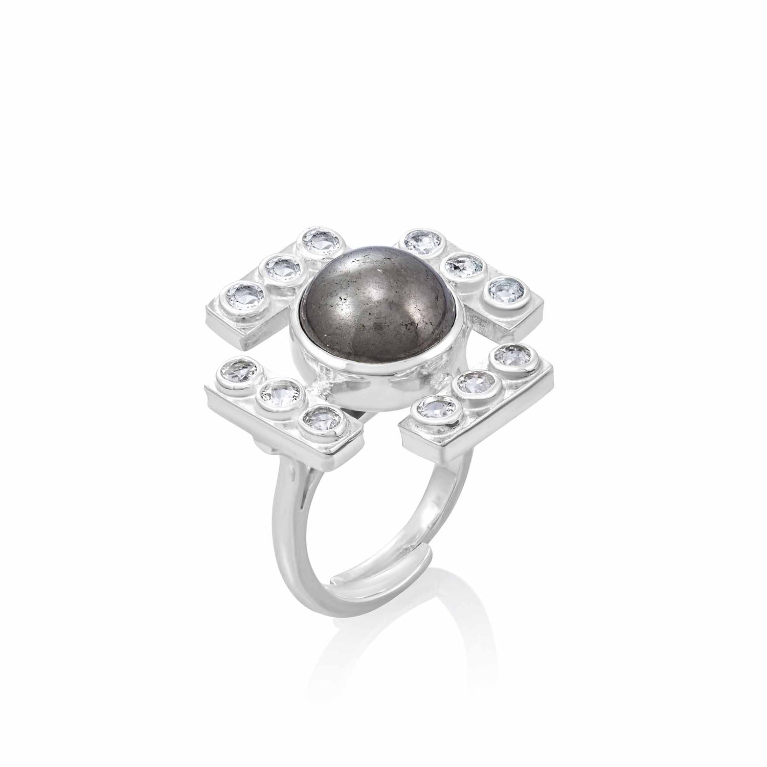 The Confidence Ring by Kaora Sandara Jewelry features a large round pyrite center in sterling silver, accented with geometric crystal rhinestones on a polished band, shown against a white background.