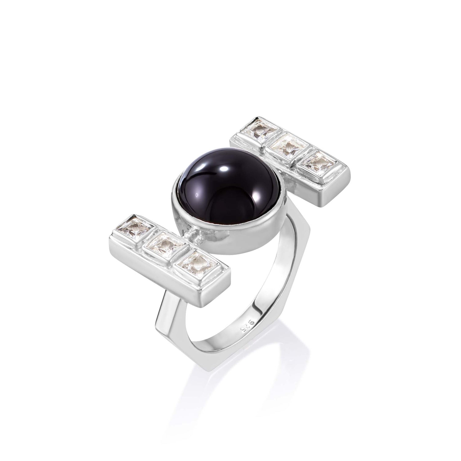 The Health Formula Ring by Kaora Sandara Jewelry features sterling silver, a central round black agate, and two geometric bars set with square crystals for a bold, modern look.
