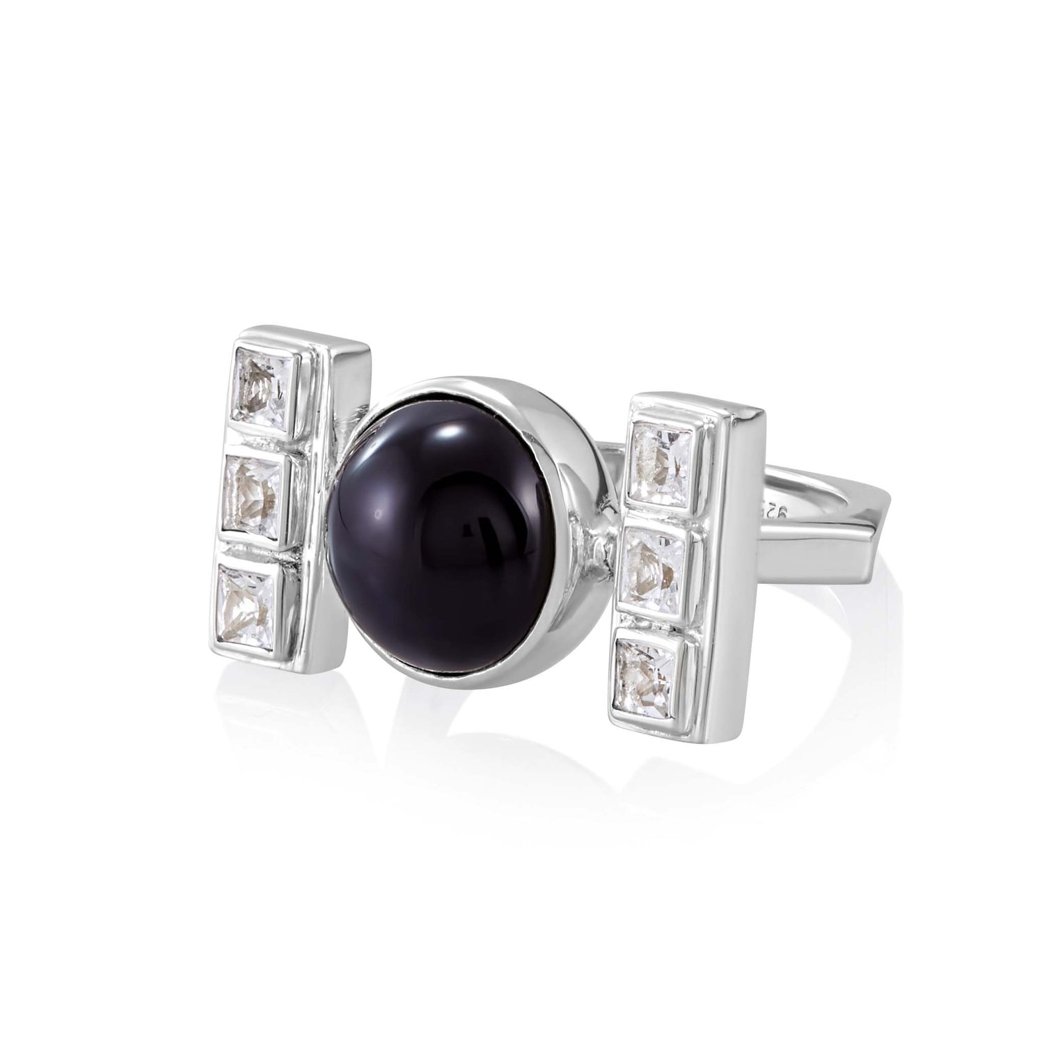 The Health Formula Ring by Kaora Sandara Jewelry is crafted in sterling silver 925, showcasing a central round black agate and two rectangular sections, each adorned with three square clear crystals.