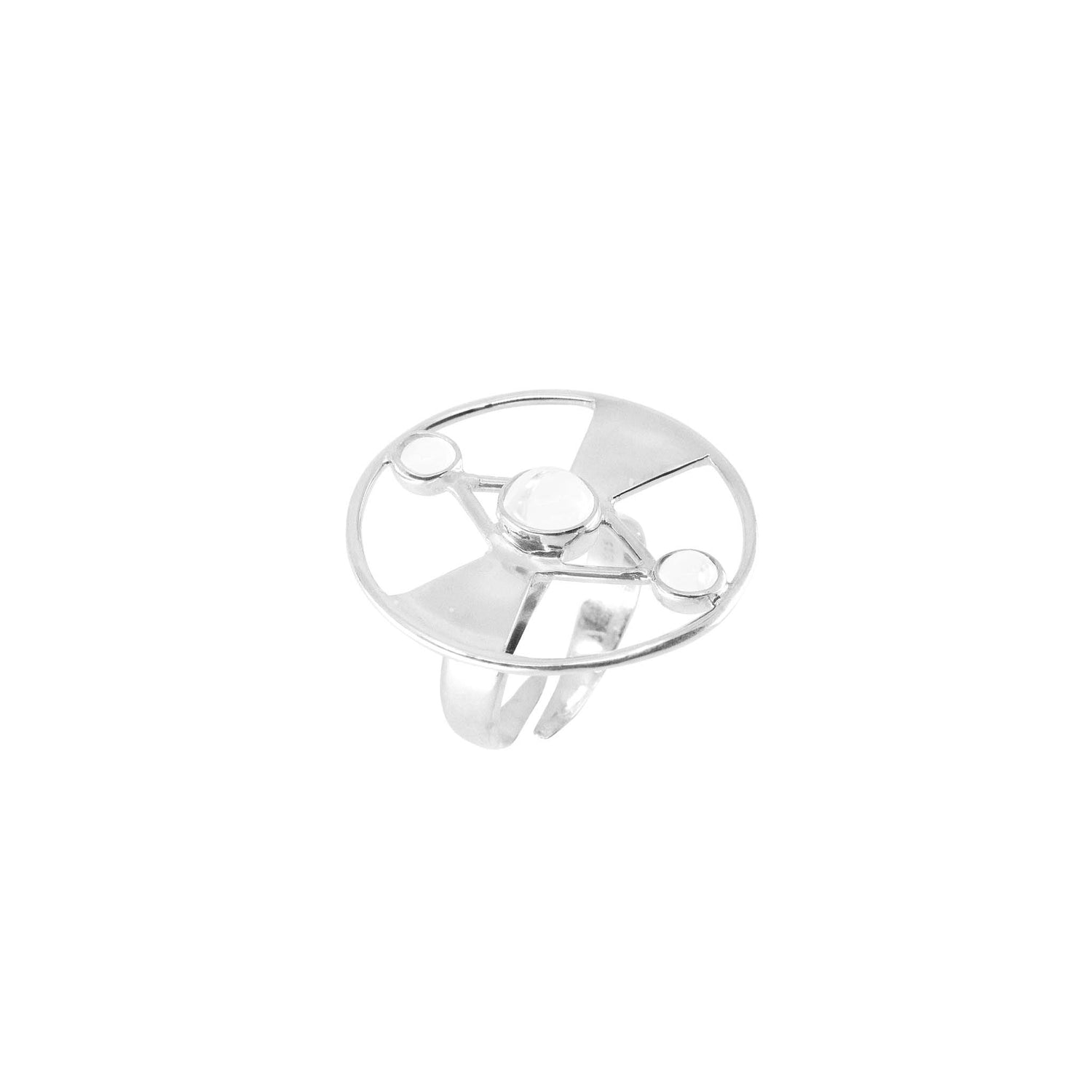 The Honesty Ring by Kaora Sandara Jewelry is crafted in 925 sterling silver, featuring a minimalist steering wheel design with three spokes and subtle crystal gemstone accents.