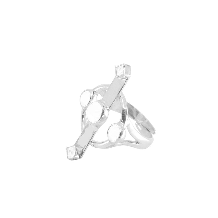 The Inner Clarity Ring by Kaora Sandara Jewelry features sterling silver, interlocking circles, a square-ended bar, and glittering crystal gemstones in an abstract geometric design.