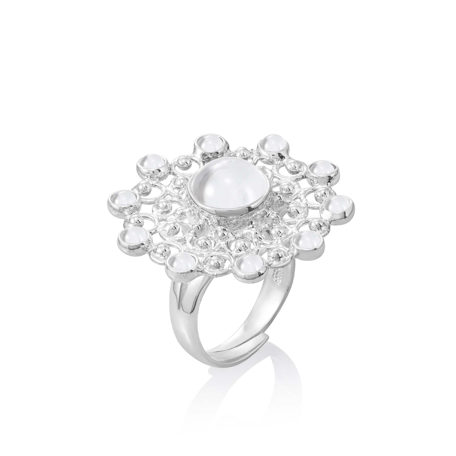 The Kaora Sandara Jewelry Purity Ring, size S, is crafted in sterling silver with a central round white crystal and smaller crystals in a lace-like design. It’s shown against a white background.