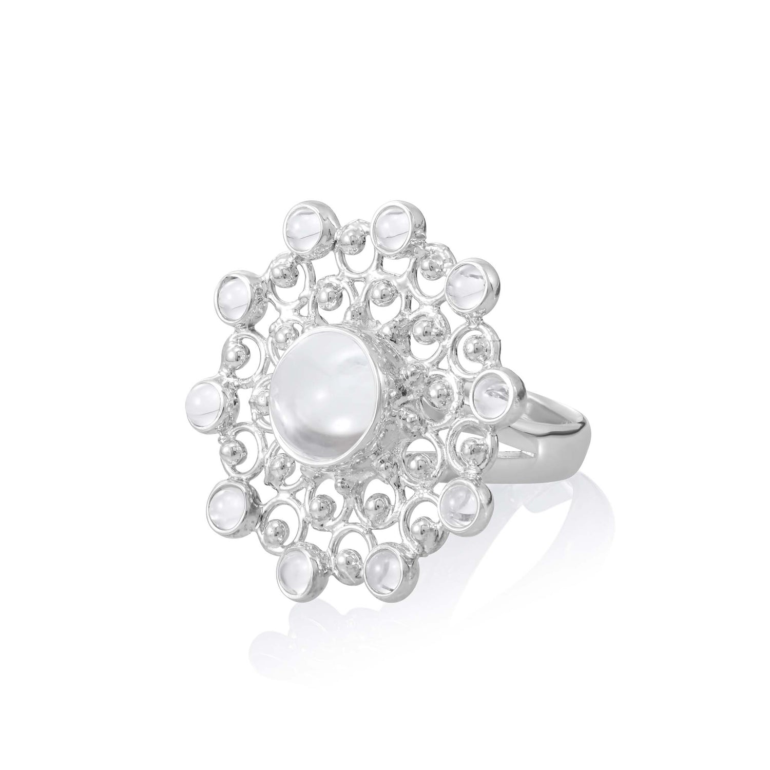 The Kaora Sandara Jewelry Purity Ring in sterling silver, size S, features a large central white pearl encircled by smaller pearls and crystal accents on a shiny band, shown against a white background.