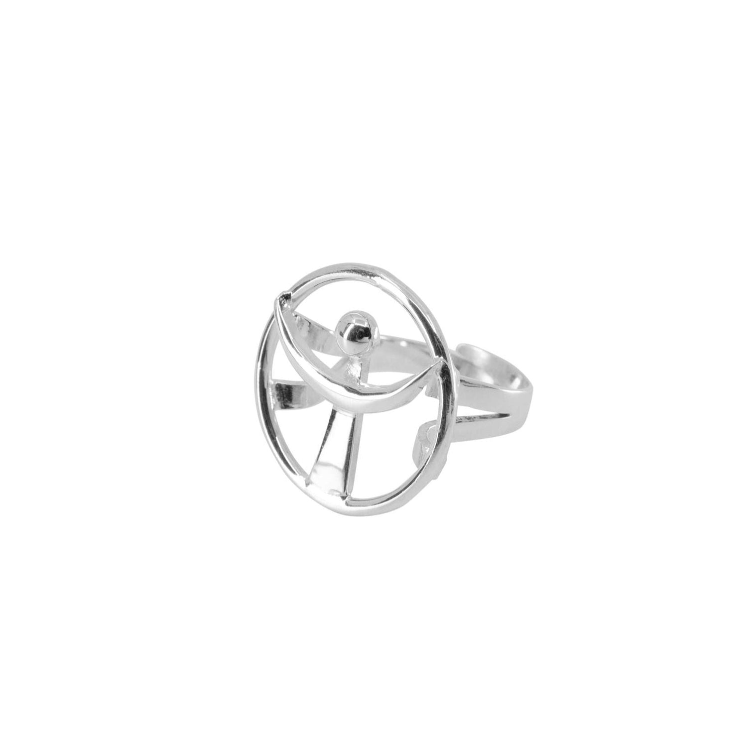 The Releasing From the Deepest Fears Ring by Kaora Sandara Jewelry features an open circular design with a crescent and vertical line in Sterling Silver 925, Size S, symbolizing abstract fears. Displayed on a plain white background.