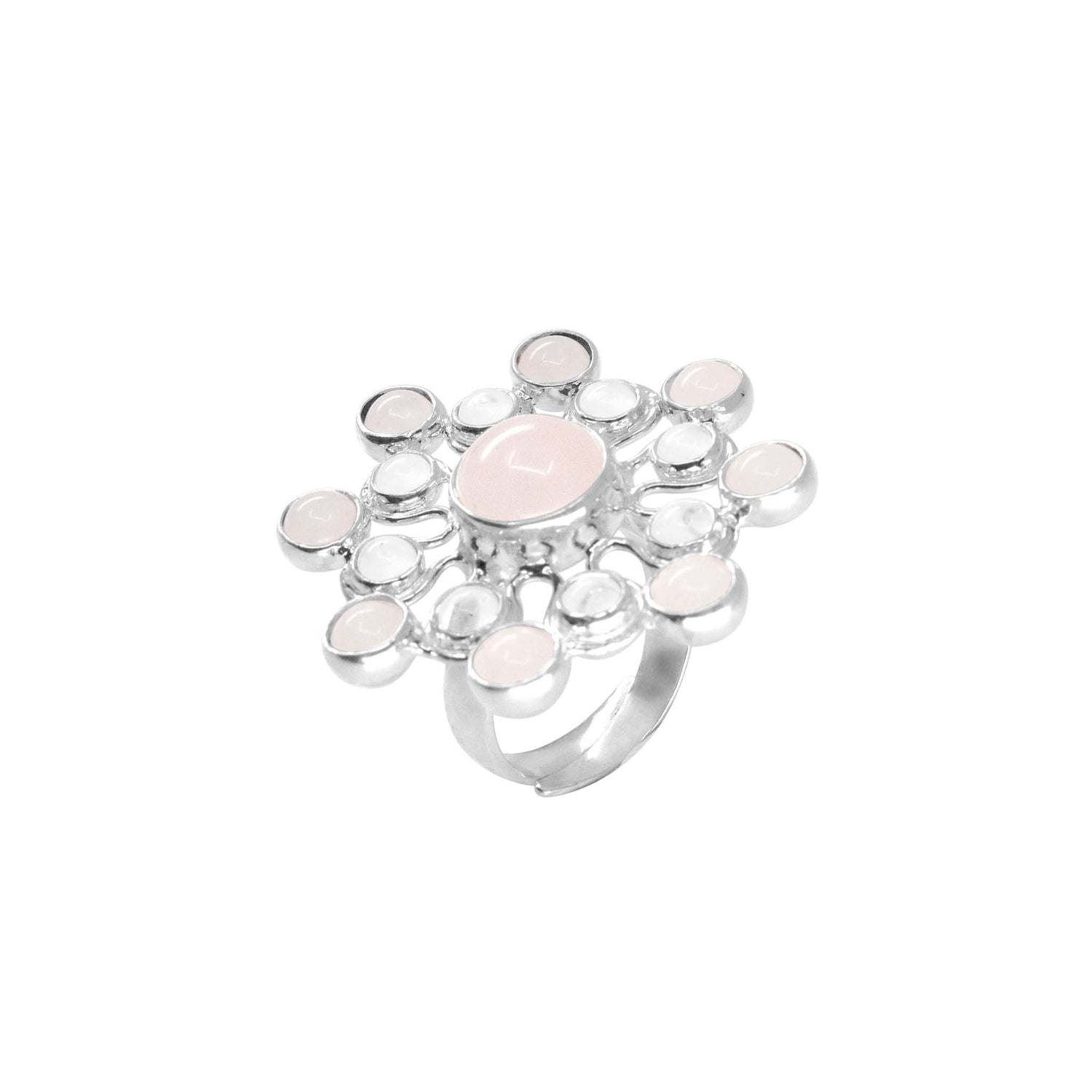 The Source of Love Ring by Kaora Sandara Jewelry features sterling silver, a central rose quartz, and sparkling crystals in a delicate floral motif—a symbol of love and elegance.