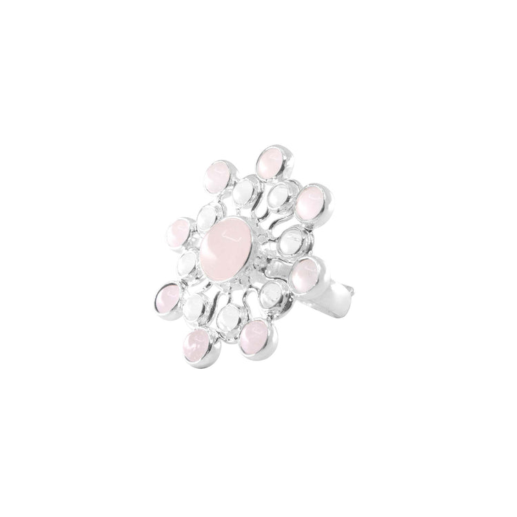 The Source of Love Ring by Kaora Sandara Jewelry features sterling silver with a large oval rose quartz and sparkling crystals in a floral setting—an elegant symbol of love.