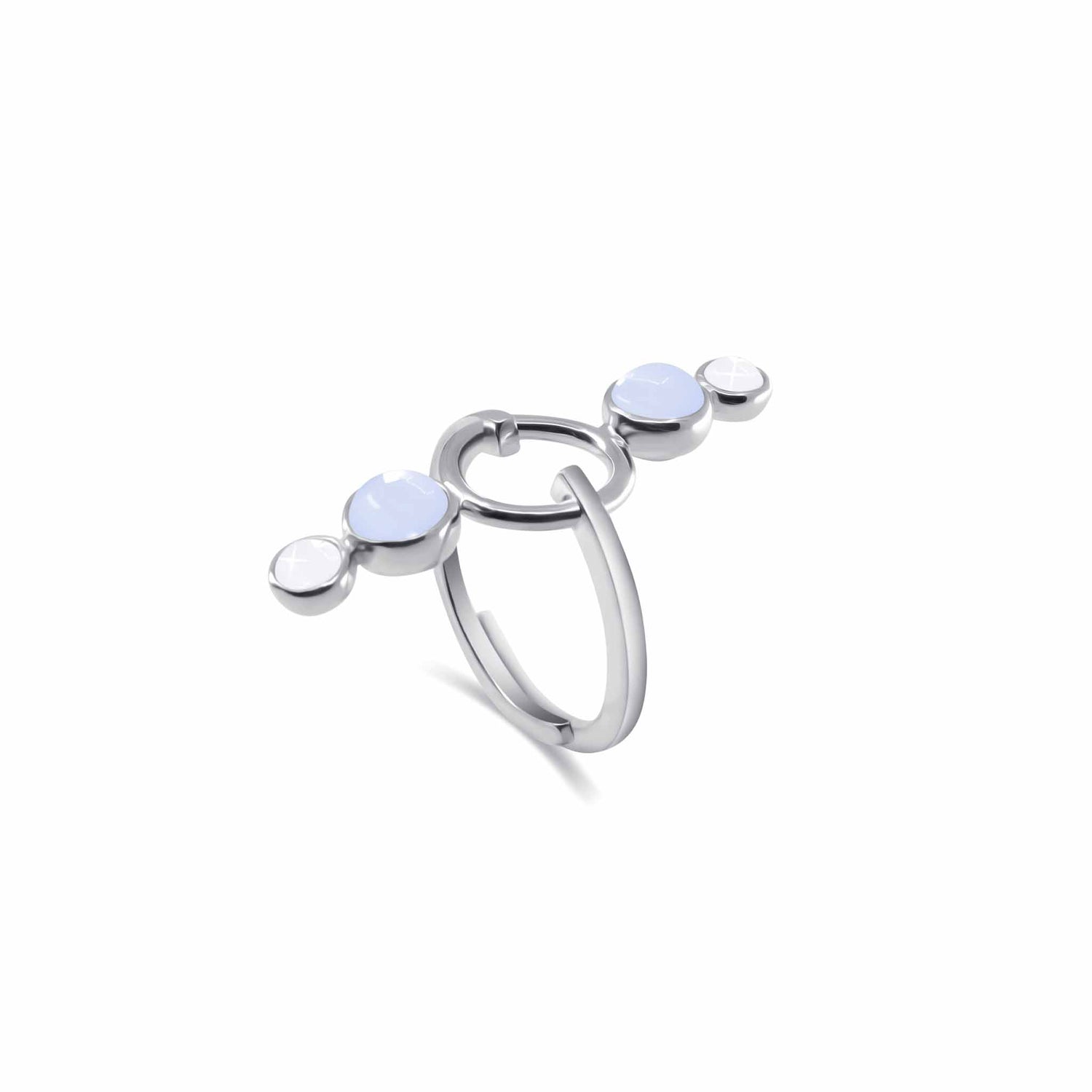 The State Ring by Kaora Sandara Jewelry features sterling silver with crystal and chalcedony, showcasing three light blue gemstones in a modern, minimalist open circular design that symbolizes inner balance.