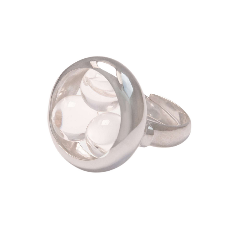 The Silver Ring Crystal Peace with Crystal - Size L by Kaora Sandara Jewelry features a round, domed setting with three clear spheres inspired by rock crystal and the chakra system.