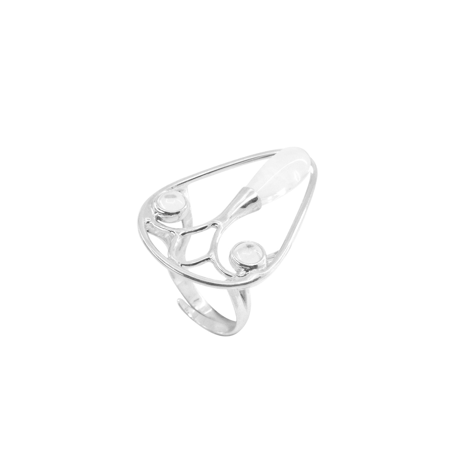 The Self-Worth Ring by Kaora Sandara Jewelry features an abstract, open Sterling Silver 925 design with two round settings, a teardrop accent, sparkling crystals, and a shiny adjustable band.