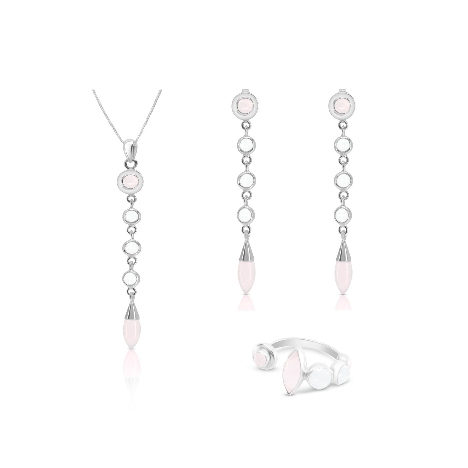 The Connection with Guides Pendant by Kaora Sandara Jewelry features sterling silver with crystal and Rose Quartz accents, designed in circular and teardrop shapes to inspire spiritual evolution.