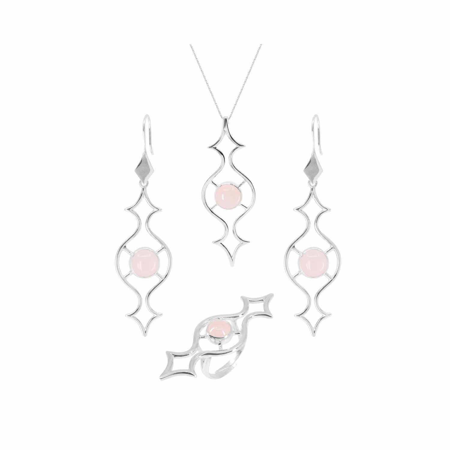 A jewelry set from Kaora Sandara Jewelry features a necklace, earrings, and the Quantum Shift NEW Ring in Sterling Silver 925 with round Rose Quartz gemstones, displayed on a white background.