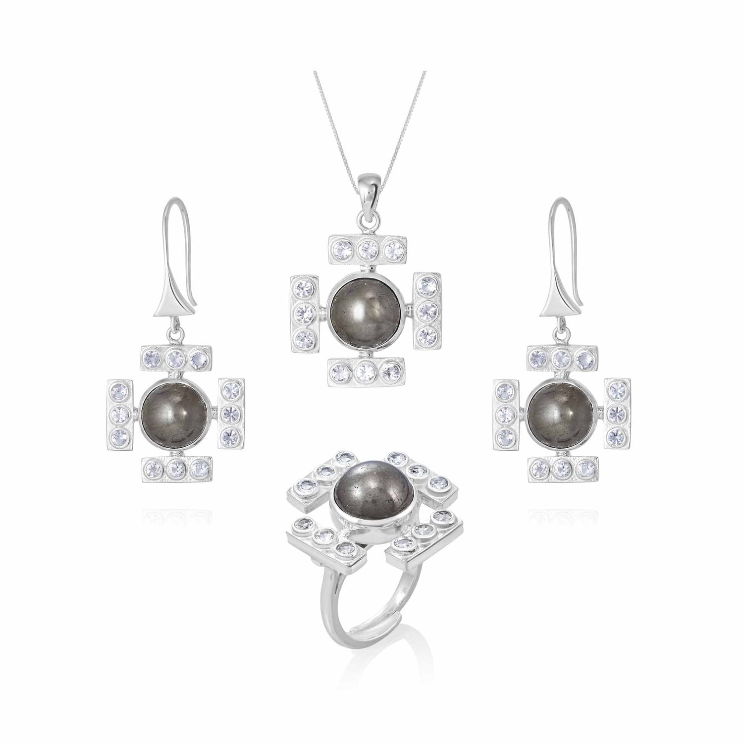 The Confidence Earhooks by Kaora Sandara Jewelry are sterling silver earrings with Pyrite and crystal accents, featuring dark round stones and square rhinestone details, elegantly displayed on a white background.