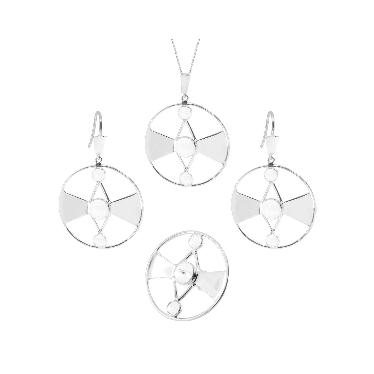 The Kaora Sandara Jewelry Honesty Pendant set features Sterling Silver 925 pieces with circular geometric designs, intersecting lines, and three crystal gemstone accents—includes a pendant on chain, ring, and drop earrings.