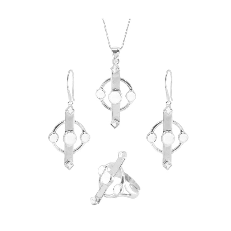 The Inner Clarity Pendant Set by Kaora Sandara Jewelry features geometric circular and bar designs in Sterling Silver 925 with crystal gemstones—includes a pendant necklace, drop earrings, and a ring, all displayed on a white background.