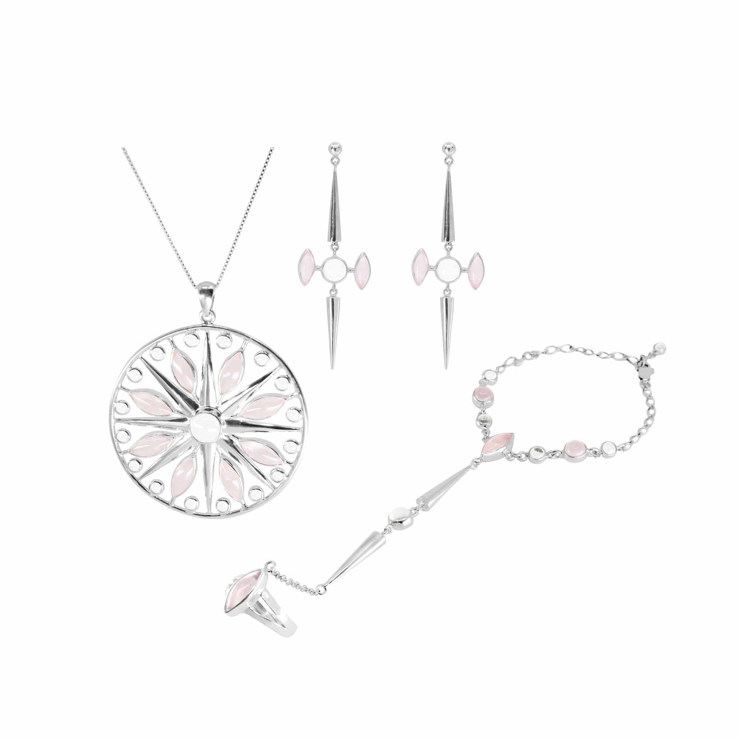 The Life as Art Hand Chain by Kaora Sandara Jewelry features Sterling Silver 925, crystal and rose quartz accents in geometric designs, and matches with a circular pendant necklace and long earrings for a complete jewelry set.