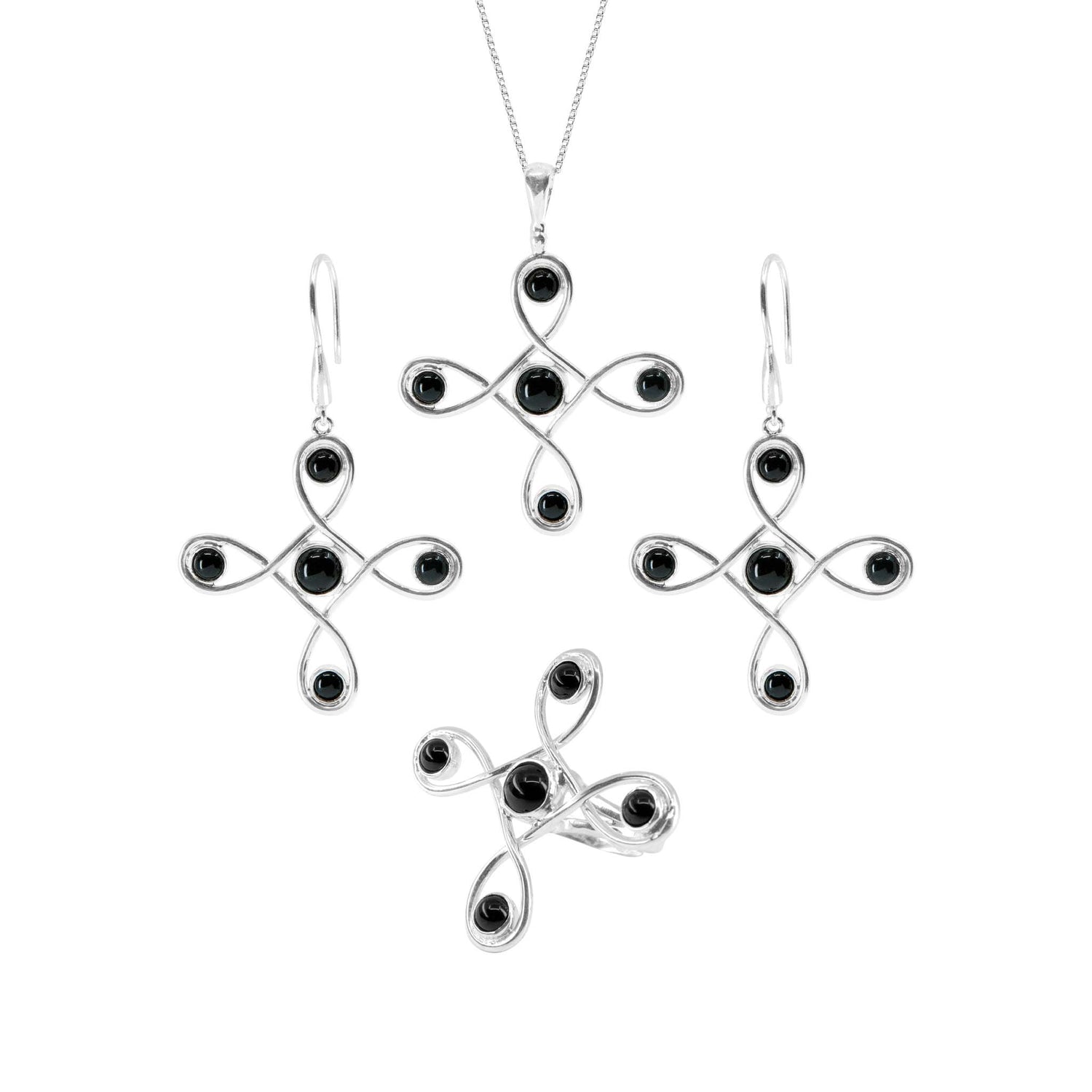 The Programs Clearing Pendant by Kaora Sandara Jewelry features Sterling Silver 925 with Black Agate, showcasing elegant swirling openwork. The design is set against a white background.