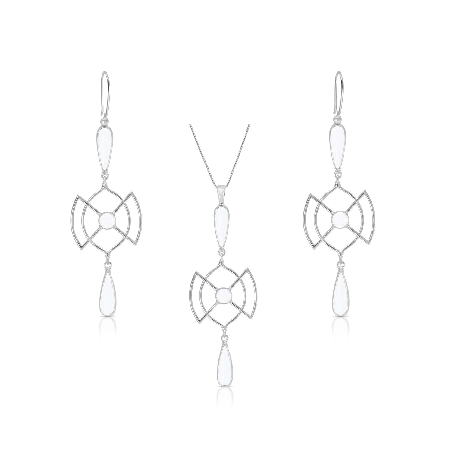 The Kaora Sandara Jewelry Silver Earhooks Soul Guidance set features crystal gemstones and a geometric design, with a pendant necklace and drop earrings showcasing open circular and fan-like elements for a modern, elegant look.