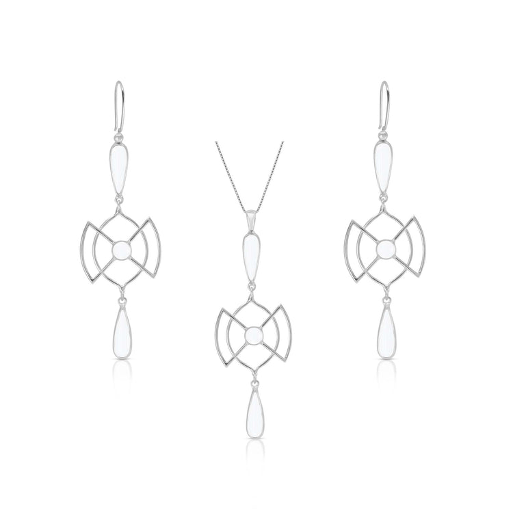 The Kaora Sandara Jewelry Silver Earhooks Soul Guidance set features crystal gemstones and a geometric design, with a pendant necklace and drop earrings showcasing open circular and fan-like elements for a modern, elegant look.