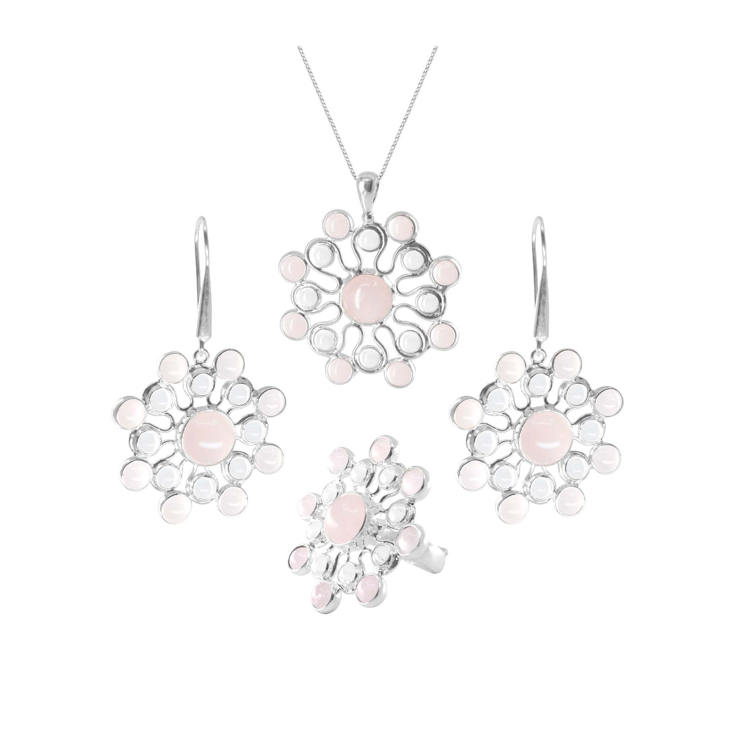 The Source of Love Ring by Kaora Sandara Jewelry features sterling silver 925 with crystal and rose quartz, creating a floral-inspired symbol of love.